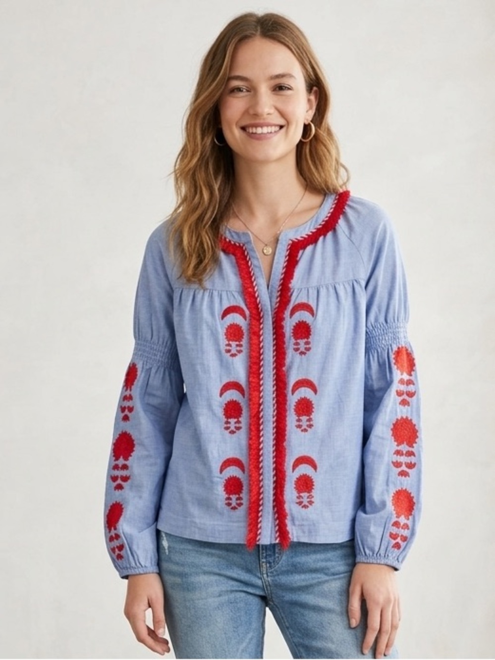 crown & ivy Light Blue Top with Red Embroidery